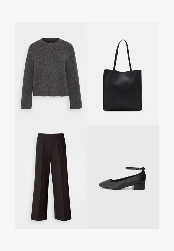 Siv svetir iz pletenine z okrogo ovratnikom, dolgimi rokavi ter rebrastimi manšetami in robom. Tekstura se zdi mehka, tkanina pa je nekoliko pikeljasta.; Črne široke hlače s ravnim sprednjim delom, pliseji in gladko teksturo tkanine. Imajo visok pas in skrbno krojen silhueto za strukturiran videz.; Črne usnjene pumpice z nazobčanimi prsti in nizko blokasto peto. Imajo trak okoli gležnja z zaponko v zlatem tonu. Gladka tekstura.; Črna usnjena torba s svilnato teksturo, pravokotne oblike in dvema dolgima ročajema. Brez vidnih metalnih delov ali okrasnih elementov.