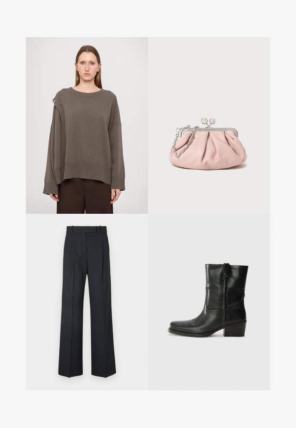 Hnědý oversized svetr s dlouhými rukávy, žebrovanými manžetami, širokým výstřihem a stříbrným akcentem na rameni. Měkce pletená textura.; Tmavě modré kalhoty s pruhy, vysokým pasem, širokým nohavicemi a bez viditelného kování nebo ozdob. Hladká textura a přesně padnoucí střih.; Černá kožená kotníková bota s kulatou špičkou, blokovým podpatkem, bočním zipem a prošíváním na svršku. Hladký povrch, klasický design.; Růžová kožená kabelka na ruku s nařaseným designem, kovovým rámem, dvěma kulatými sponami a stříbrným řetízkem. Hladká textura, kompaktní tvar.
