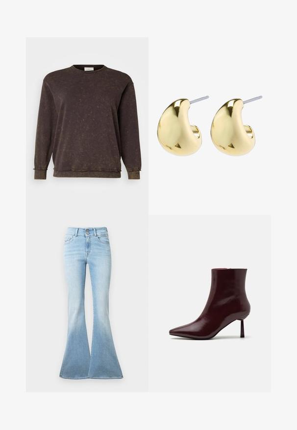 ONLY Carmakoma CARLEONI LIFE O NECK - Ikdienas džemperis - black coffee washed; Gai zili džinsi ar platām piegriezuma kājām, izgatavoti no denima. Iebūvēta augsta josta ar divām pogām un nelielu izbalējumu pie apakšmalas. Klasiska piecu kabatu dizains.; Burgundijas lakota ādas potīšu zābaciņi ar smailu purngalu un šauru stiletto papēdi, kas izceļas ar gludu, spīdīgu tekstūru un minimālistisku dizainu.; Zelta krāsas auskari ar gludu, noapaļotu formu, kas izceļas ar atstarojumu un apakšējo stiprinājumu, nodrošinot drošu nēsāšanu.