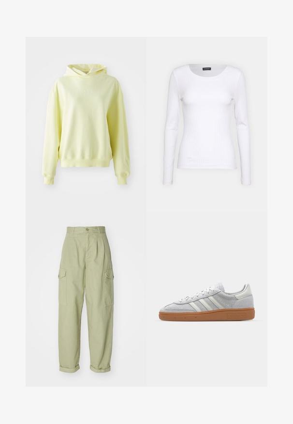 Žltá bavlnená mikina s uvoľneným strihom, s klokankovým vreckom a minimalistickým logom na hrudi. Mäkky povrch, rebrované manžety a spodný lem.; Biely rebrovaný top s dlhým rukávom a okrúhlym výstrihom. Vyrobený z pružného materiálu, ktorý obopína telo. Obsahuje jemné horizontálne pruhy.; Svetlozelené cargo nohavice vyrobené z bavlnenej tkaniny. Vyznačujú sa vysokým pásom, ohrnutými manžetami a dvoma bočnými cargo vreckami pre zvýšenú funkčnosť.; Svetlo šedé semišové tenisky s bielymi koženými akcentmi, tromi bielymi pruhmi a hnedou gumovou podrážkou, s polstrovaným golierom pre pohodlie.