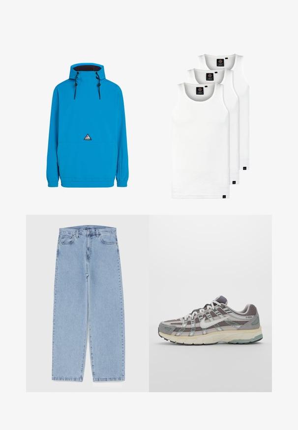 Giacca impermeabile blu con cappuccio, polsini elasticizzati e tasca frontale. Presenta un logo triangolare sul petto. Texture liscia.; Tre canotte bianche a coste in cotone. Presentano un colletto rotondo e piccole etichette nere vicino all'orlo. Disponibile in diverse taglie.; Jeans in denim azzurro chiaro con design a gamba dritta, caratterizzati da una vita media, cinque tasche e chiusura con bottone e zip.; Scarpa sportiva grigia con tomaia in mesh e suede, dettagli bianchi, suola ammortizzata e un design distintivo con elementi riflettenti.