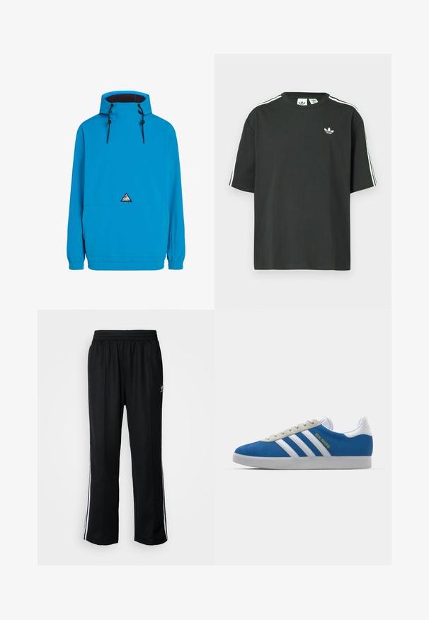 Blauwe waterdichte jas met een capuchon, elastiche manchetten en een voorzak. Heeft een driehoekig logo op de borst. Gladde textuur.; Zwart katoenen T-shirt met korte mouwen, ronde hals en witte drie-strepen details op de schouders. Heeft een klein wit logo op de borst.; Zwarte sportbroeken met een elastische tailleband, voorzien van witte zijkanten en een klein logo. Het materiaal lijkt zacht en lichtgewicht te zijn.; adidas Originals ADIDAS GAZELLE SHOES - Zaalvoetbalschoenen - real madrid/bluebird/footwear white/crew yellow