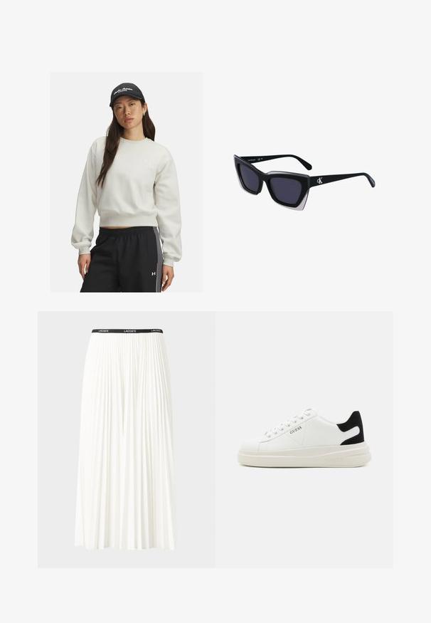 Lichtgrijze sweatshirt met geribde manchetten en onderkant, voorzien van een klein wit logo op de borst. Gecombineerd met zwarte sportbroek met zijstrepen.; Plisséminirok in het wit met een zwarte elastische tailleband met het "LACOSTE"-logo. Middellange ontwerp met een zachte textuur.; Witte leren sneakers met een dikke witte zool, zwarte suède hielaccent en een geperst logo op de zijkant. Vetersluiting met zes oogjes.; Zwarte oversized zonnebril met een geometrische vorm, voorzien van donkere glazen en een contrasterend grijs detail op het montuur. Logo op de arm.