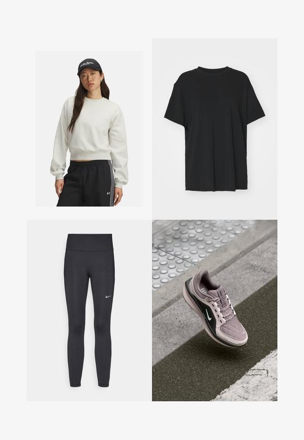 Felpa grigia chiara con maniche e orlo a coste, caratterizzata da un piccolo logo bianco sul petto. Abbinata a pantaloni sportivi neri con strisce laterali.; T-shirt nera a maniche corte realizzata in un tessuto morbido, con collo rotondo e vestibilità ampia. Presenta delle fessure laterali per un comfort e una traspirabilità aggiuntivi.; Leggings neri realizzati in tessuto elasticizzato, con una vita alta e un logo Nike bianco sulla coscia sinistra. Tessuto liscio, design aderente.; Scarpe da ginnastica di un leggero colore viola con texture trapuntata, dettagli neri ai lati e logo bianco. Presentano lacci e una suola imbottita per il massimo comfort.