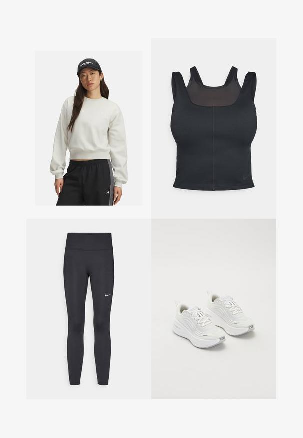 Light gray sweatshirt with ribbed cuffs and hem, featuring a small white logo on the chest. Paired with black athletic pants with side stripes.; Black sports bra featuring a fitted design, wide straps, and a mesh overlay on the front. Smooth texture and minimal seams. Nike logo on hem.; Black leggings made of stretchy fabric, featuring a high waistband and a white Nike logo on the left thigh. Smooth texture, form-fitting design.; White athletic shoes with a textured mesh upper, cushioned sole, and subtle grey accents. Includes branding and looped heel tab for easy wear.