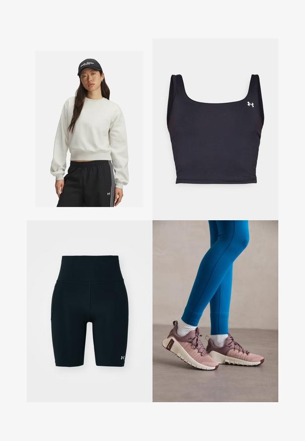 Lichtgrijze sweatshirt met geribde manchetten en onderkant, voorzien van een klein wit logo op de borst. Gecombineerd met zwarte sportbroek met zijstrepen.; Zwarte sport crop top gemaakt van glad materiaal, met een vierkante halslijn en brede bandjes. Bevat een klein wit logo aan de zijkant.; Zwarte sportieve shorts gemaakt van rekbare stof, met een hoge tailleband en zijzak. Glad textuur met platte naden en logo-accent.; Sportieve schoenen in lichtroze en beige met textuur op de zijkanten, bruine accenten en flexibele zolen. G gedragen met blauwe leggings en witte sokken.