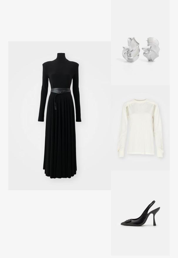 Koszula z długim rękawem wykonana z lekkiej kremowej tkaniny, charakteryzująca się okrągłym dekoltem, subtelnymi wycięciami po bokach oraz ściągaczami na mankietach. Miękka faktura na całej powierzchni.; Norma Kamali - Sukienka z dżerseju; Czółenka na obcasie z czarnej skóry z odkrytym piętą, o ostrym nosku, smukłym wysokim obcasie i dekoracyjną kokardą. Gładka tekstura i elegancki design.; Srebrna, metaliczna torebka na ramię o gładkiej fakturze, zakrzywionym kształcie, łańcuszkowym pasku oraz wypolerowanej przedniej części z delikatnym grawerem logo.; Srebrne kolczyki o płynnych, spiralnych wzorach. Gładka faktura z polerowanym wykończeniem. Posiadają subtelną poświatę i brak widocznych ozdób.