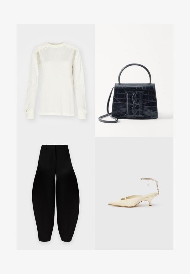 Chemise à manches longues en tissu crème léger, avec un col rond, de subtils découpes sur les côtés et des poignets côtelés. Texture douce dans l'ensemble.; Pantalons larges noirs à taille haute, avec un devant plissé et des chevilles fuselées. Fabriqués dans un tissu lisse avec une finition mate.; Talons slingback en cuir crème à bout pointu avec une fine sangle à l'avant et une sangle de cheville ornée de bijoux sur fond blanc.; Sac à main en cuir noir embossé en crocodile avec un design structuré, une poignée supérieure, une bandoulière ajustable et un détail de logo en avant bien visible.