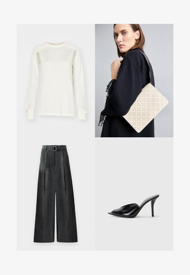 Dlhý rukáv, vyrobený z ľahkej krémovej textílie, s okrúhlym výstrihom, jemnými bočnými výrezmi a rebrovanými manžetami. Mäkčená textúra po celom obvode.; Široké nohavice tmavošedej farby, s hladkou textúrou, záhybmi a opaskom so striebornou sponou v oblasti vysokého pásu.; Čierne kožené vysoké podpätky s otvorenou špičkou, špicatý dizajn, hladká textúra a štíhly stiletto podpätok.; Bežová vzorovaná taška na rameno so štruktúrovaným tvarom, vybavená hnedým štruktúrovaným popruhom. Nosená modelkou na šedom pozadí.