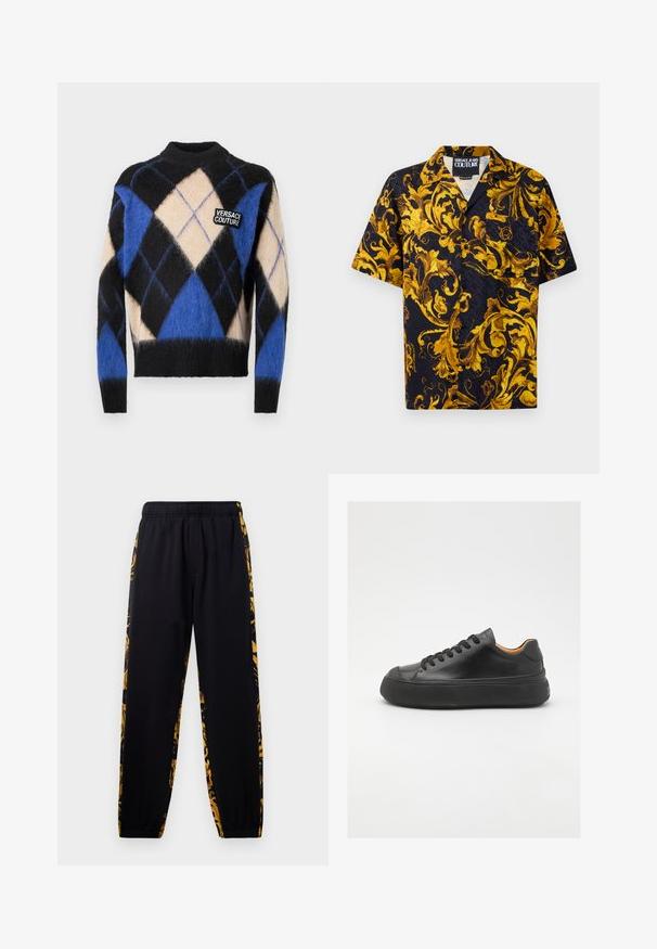 Černý, béžový a modrý chlupatý argyle svetr s ribovanými manžetami a lemem, který na hrudi obsahuje nášivku "Versace Couture".; Černá košile s krátkým rukávem na knoflíky s žlutými a zlatými barokními květinovými vzory a přední kapsou, označená Versace Jeans Couture uvnitř límce.; Černé joggingové kalhoty s elastickým pasem a manžetami, zdobené zlatými a černými květinovými vzory po stranách.; Černé kožené tenisky s kulatou špičkou, šněrováním v přední části, hladkým povrchem, silnou gumovou podrážkou a kontrastním tan interiérem.