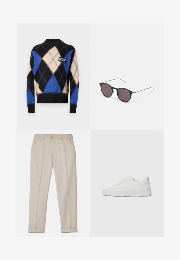 Suéter de argyle esponjoso en negro, beige y azul, con puños y dobladillo acanalados, que presenta un parche de "Versace Couture" en el pecho.; Filippa K TERRY CROPPED TROUSERS - Pantalones - sage melange; Zapatilla de cuero blanca con un acabado suave, puntera redonda, cordones planos y suela texturizada. Cuenta con un sutil logo en el talón.; Gafas de sol redondas negras con lentes oscuros y brazos metálicos delgados. Incluye puntas de varilla transparentes y acentos plateados en la bisagra. Diseño minimalista.