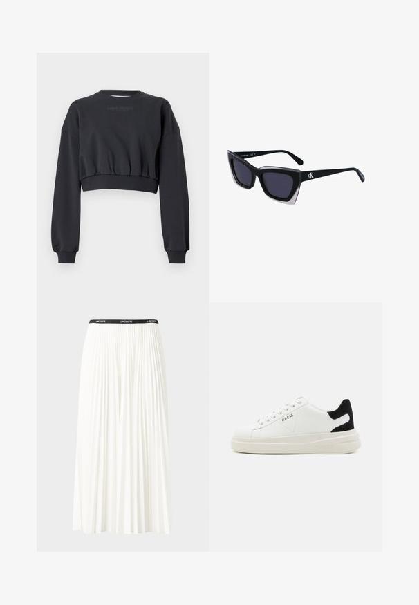 Suéter recortado negro con escote y puños acanalados. Texto "CARLO COLUCCI" impreso sutilmente en gris. Textura suave, mangas de corte holgado.; Falda blanca plisada con una cinturilla elástica negra que presenta el logotipo "LACOSTE". Diseño de longitud media con textura suave.; Zapatillas blancas de cuero con una suela blanca gruesa, acento en el talón de ante negro y logo grabado en el lateral. Diseño de cordones con seis ojales.; Gafas de sol negras de gran tamaño con una forma geométrica, que presentan lentes oscuros y un detalle gris contrastante en la montura. Logo en la pata.