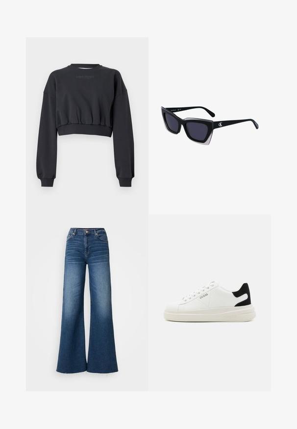 Schwarzer, kurzer Pullover mit geripptem Halsausschnitt und Bündchen. Text "CARLO COLUCCI" subtil in Grau aufgedruckt. Glatte Textur, lockere Ärmel.; Weite Jeans im dunklen Blau mit hoher Taille, subtiler Auswaschung und rohem Saum. Gefertigt aus standardmäßigem Denim-Material.; Weiße Leder-Sneaker mit einer dicken weißen Sohle, schwarzem Wildlederakzent an der Ferse und geprägtem Logo an der Seite. Schnürdesign mit sechs Ösen.; Schwarze übergroße Sonnenbrille mit geometrischer Form, ausgestattet mit dunklen Gläsern und einem kontrastierenden grauen Detail im Rahmen. Logo am Bügel.