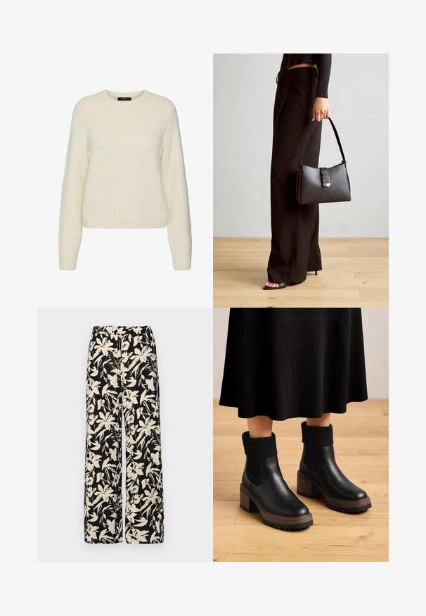Λευκό πλεκτό πουλόβερ με στρογγυλή λαιμόκοψη, μακριά μανίκια και ραμμένα μανικέτα και στρίφωμα. Μαλακή υφή και χαλαρή εφαρμογή.; Μαύρο παντελόνι με φαρδιά πόδια και κρεμ σχέδιο λουλουδιών. Κατασκευασμένο από ελαφρύ ύφασμα, με μαλακή υφή και ψηλή μέση.; Μαύρες δερμάτινες μπότες αστραγάλου με ριγέ υφασμάτινες μανσέτες, χοντρό καφέ τακούνι και υφή στο πέλμα. Λείος φινίρισμα με ελαστικές πλευρικές επενδύσεις.; Μαύρη τσάντα χειρός με δομημένο σχήμα, λεία υφή και μεταλλικό κούμπωμα. Συνδυασμένη με φαρδιά μαύρα παντελόνια και σανδάλια ανοιχτής μύτης πάνω σε ξύλινο πάτωμα.