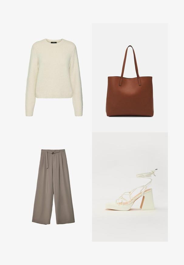 Bijela pletena majica s okruglim izrezom, dugim rukavima i rebrastim manžetama i donjim dijelom. Mekana tekstura i opušteni kroj.; Široke hlače u mekoj, prigušenoj sivoj tkanini, s remenom na struku i plisiranim detaljima za dodatni dizajn. Glatka tekstura, bez uzoraka.; Bijela sandala na visokoj potpetici s debelim petom, s remenom i vezanjem oko gležnja. Glatka tekstura s platformom sprijeda za dodatnu visinu.; Smeđa kožna torba preko ramena s glatkom teksturom, otvorenim vrhom i dvjema naramenicama. Ima minimalne šavove i nema vidljivog hardvera.