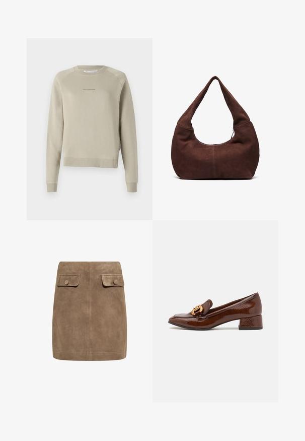 Light gray, long-sleeve sweatshirt with a round neckline, raglan sleeves, and subtle logo detailing on the chest. Made of soft material.; Brown suede mini skirt with a smooth texture, featuring two front flap pockets and button closures on each side. Simple, straight design.; Brown leather loafers with a glossy finish, featuring a decorative gold buckle on the front and a low block heel. Classic design.; Brown suede hobo bag with a curved, wide handle and a large opening. Soft texture with visible stitching detailing along the edges.