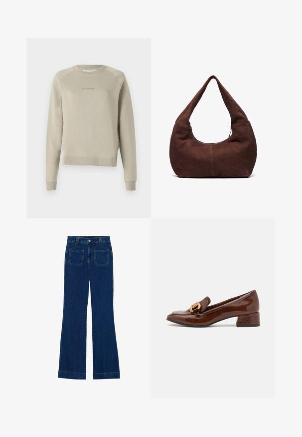 Sweatshirt gris clair à manches longues avec un col rond, des manches raglan et des détails de logo subtils sur la poitrine. Fabriqué dans un matériau doux.; Trois t-shirts à manches longues : un uni bordeaux, un bordeaux avec des rayures blanches et un uni blanc. Tous sont en tissu doux et extensible.; Jean flare en denim bleu foncé avec une texture lisse, design à cinq poches et fermeture à bouton à la taille.; Mocassins en cuir marron avec une finition brillante, dotés d'une boucle décorative en or à l'avant et d'un talon bas. Design classique.; Sac hobo en daim marron avec une poignée large et incurvée et une grande ouverture. Texture douce avec des détails de couture visibles le long des bords.