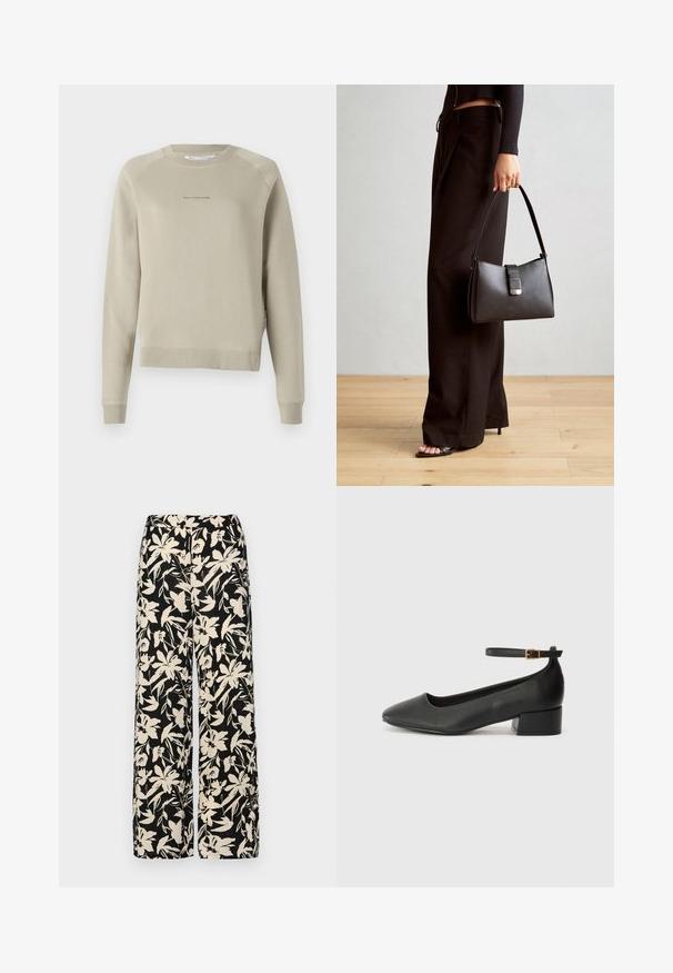 Sudadera de manga larga en gris claro, con cuello redondo, mangas raglán y un sutil logo en el pecho. Confeccionada en material suave.; Top negro de manga corta fabricado en un material suave, con un diseño de peplum y una cintura ceñida con un cinturón que incluye dos botones redondos en tono plateado.; Pantalones de pierna ancha negros con un patrón floral crema. Fabricados en un tejido ligero, con una textura suave y una cintura alta.; Zapato de tacón negro de cuero con punta afilada y tacón bajo cuadrado. Presenta una correa para el tobillo con una hebilla en tono dorado. Textura suave.; Bolso negro con forma estructurada, textura suave y un cierre metálico. Combinado con pantalones anchos negros y sandalias de dedo en un suelo de madera.