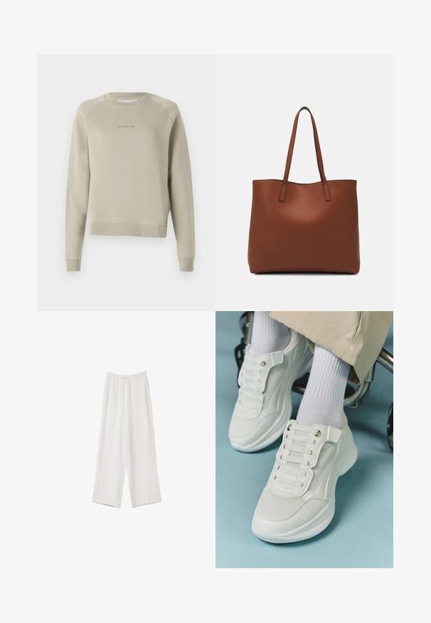 Felpa grigia chiaro a maniche lunghe con scollatura rotonda, maniche raglan e un sottile logo sul petto. Realizzata in materiale morbido.; Pantaloni a gamba larga bianchi realizzati in un tessuto leggero. Presentano una vita elastica con cordoncino e tasche laterali. Texture liscia.; Sneaker bianchi realizzati in materiale a rete, suola in gomma, design senza lacci con bande elastiche e dettagli in tonalità oro.; Borsa tote in pelle marrone con texture liscia, design con apertura superiore e due spallacci. Presenta cuciture minime e nessun hardware visibile.