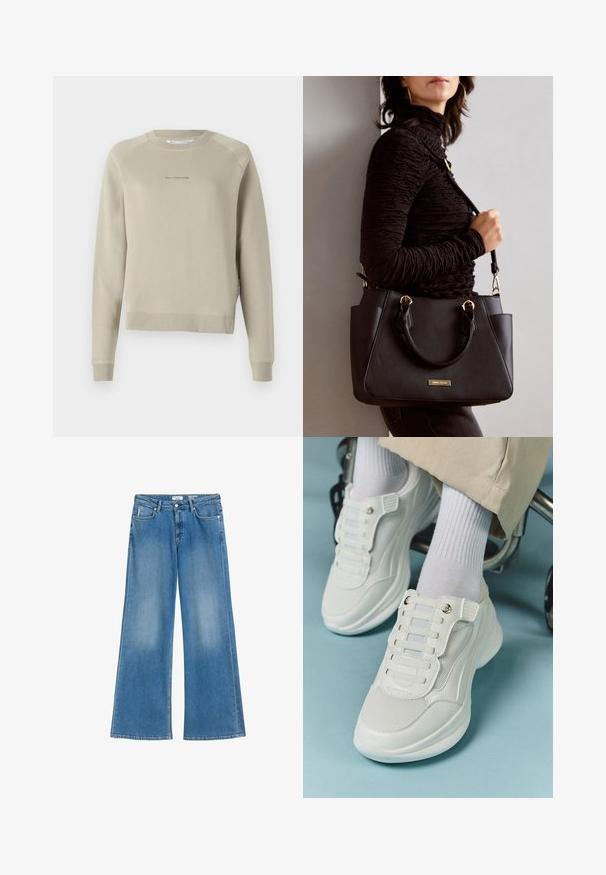 Felpa grigia chiaro a maniche lunghe con scollatura rotonda, maniche raglan e un sottile logo sul petto. Realizzata in materiale morbido.; Jeans blu chiaro gamba larga in denim, con vita alta, tasche frontali e una finitura leggermente sbiadita. Design classico a cinque tasche.; Sneaker bianchi realizzati in materiale a rete, suola in gomma, design senza lacci con bande elastiche e dettagli in tonalità oro.; Borsa nera con superficie texturizzata, manici superiori doppi e tracolla regolabile. Dotata di hardware color oro e tasche laterali.