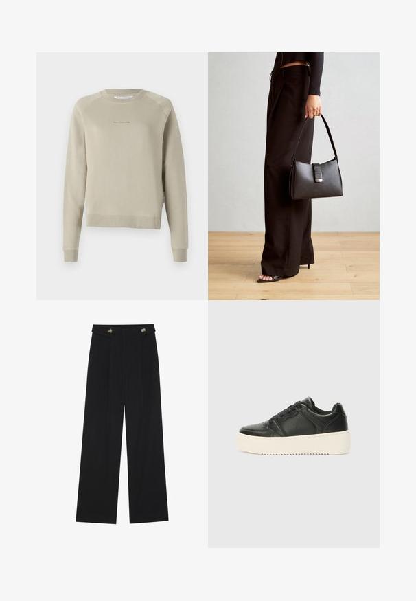 Világosszürke, hosszú ujjú pulóver, kerek nyakkivágással, raglán ujjal, és finom logó részletezéssel a mellkason. Puha anyagból készült.; Fekete, bő szárú nadrág magas derékkal, gombos részletekkel a derékrészen és elülső pliszékkal.; Fekete bőr sportcipő sima felülettel, vastag krémszínű talppal, kerek orral és klasszikus fűzős kialakítással. Finom varrási részletek.; Fekete kézi táska strukturált formával, sima textúrával és fémből készült záródással. Széles fekete nadrággal és nyitott orrú szandállal párosítva, fából készült padlón.