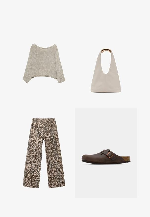 Svetro s kratkim rukavima v svetlo bež barvi, ohlapnim širokim izrezom in dolgimi rokavi. Narejen iz teksturiranega pletenega materiala z diskretnimi fleki.; Hlače širokega kroja iz denima v svetlo rjavi barvi z vzorcem črnih leopardov; vsebujejo pet žepov in sprednje zapiranje na gumb.; Rjavi usnjeni čevelj s širokim trakom in bakrenim zaponko, ki ima teksturirano korkovo notranjost in debel črn gumijast podplat.; Svetlo siva usnjena torba z U-oblika zasnovo in ukrivljenim kovinskim ročajem. Gladka tekstura z minimalnim šivom in brez vidnih vzorcev.