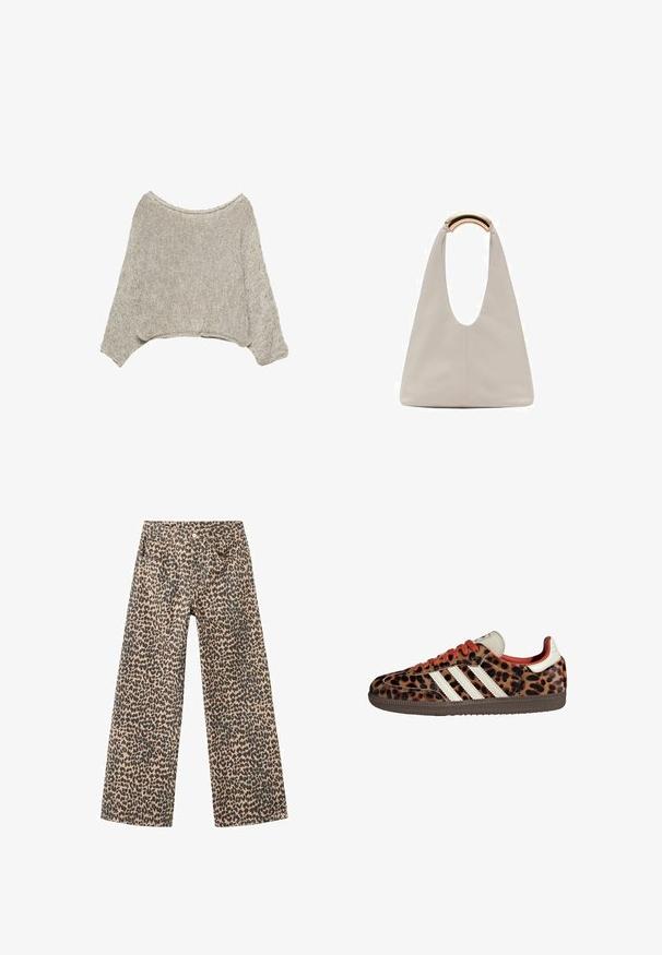 Maglione cropped beige chiaro con scollatura ampia e lunga manica. Realizzato in tessuto lavorato a maglia testurizzato con sfumature sottili.; Pantaloni a gamba larga in denim di tessuto beige con motivo maculato nero; presentano cinque tasche e chiusura frontale con bottone.; Sneaker con stampa leopardata in materiale scamosciato, lacci rossi e tre strisce bianche sui lati. Presentano una linguetta di colore crema e una suola marrone.; Borsa in pelle grigio chiaro con design a forma di U e manico metallico curvo. Texture liscia con cuciture minime e senza motivi visibili.