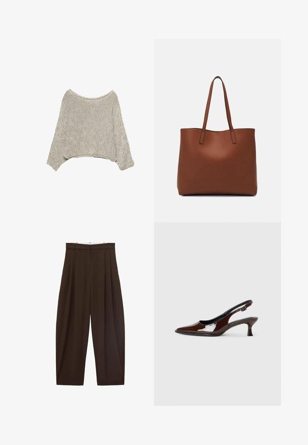 Helles beiges, kurzes Sweatshirt mit einem lockeren, weiten Halsauschnitt und langen Ärmeln. Gefertigt aus strukturiertem Strickstoff mit dezenten Einsprengseln.; Braune, hoch taillierte Hose mit Falten, aus glattem Stoff. Lässige Passform, gerade Beinform, mit Gürtelschlaufen und Reißverschluss.; Braune Lackleder-Slingback-Schuhe mit spitzer Zehe und moderatem Absatz. Mit einem Schnallenriemen für einen sicheren Sitz. Glatte Textur.; Braune Leder-Tote mit glatter Textur, offenem Oberteil und zwei Schulterriemen. Verfügt über minimale Nähte und keine sichtbaren Beschläge.