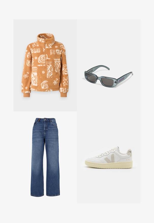 Pullover in pile marrone con motivi astratti bianchi, colletto alto, chiusura a mezza zip e polsini a coste, realizzato in un tessuto morbido e textured.; Jeans in denim a gamba larga realizzati in cotone blu di medio peso. Presentano un classico design a cinque tasche e una chiusura con zip e bottone.; Sneaker in pelle bianca con dettagli in suede beige, punta perforata, lacci piatti e suola testurizzata color crema. Presenta un logo discreto sul tallone.; Santa Cruz INFERNO UNISEX - Occhiali da sole - crystal black