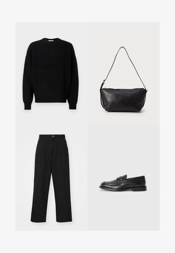 Pull en maille noire avec une texture côtelée, col rond et épaules tombantes, doté de manches longues et d'une coupe décontractée.; Pantalons larges noirs en tissu léger. Avec une fermeture à bouton, des plis avant et deux poches latérales.; Des mocassins en cuir noir présentent un bout arrondi, des détails cousus et un petit accent doré à l'avant. La semelle est plate et discrète.; Sac en cuir noir avec une longue sangle réglable unique et une fermeture éclair dorée sur le dessus, présenté sur un fond uni.