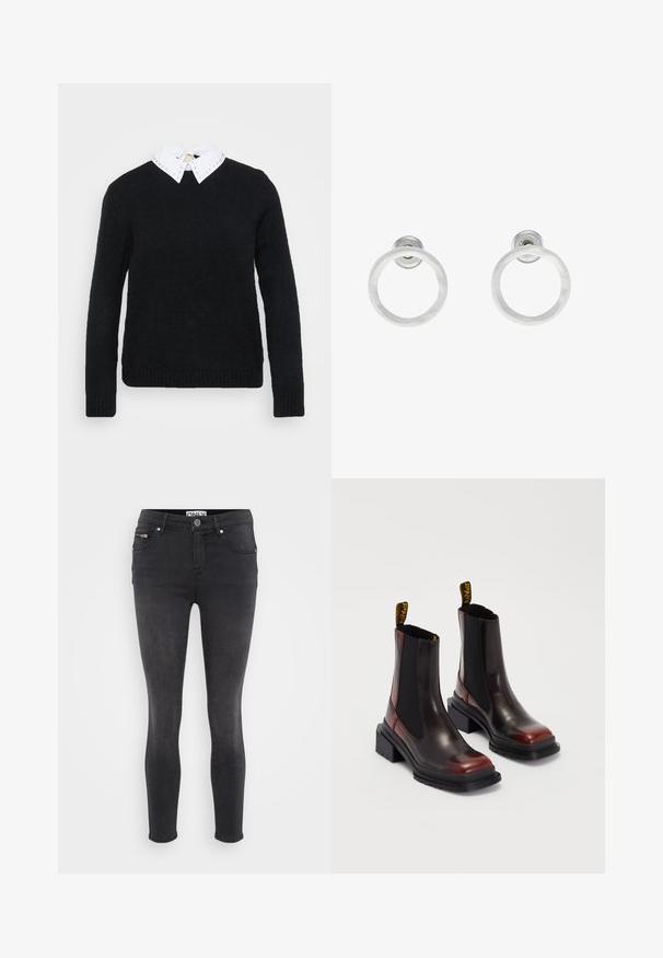 Črni pleteni pulover z dolgimi rokavi, rebrastim robom in belim ovratnikom okrašenim z dekorativnimi žebljički. Teksturni material, klasičen kroj.; Črne tanke kavbojke iz denima. Imajo sprednji gumb za zapiranje in zadrgo na pasu. Gladka tekstura z minimalnim bledenjem.; Dr. Martens MAYBOLE CHELSEA - Gležnjarji s platformo - black/cherry red; Srebrni kovinski obročasti uhani z brušenjem, s krožno obliko in prozornim zatičem za varno nošenje.