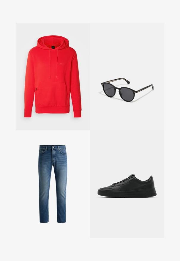 BOSS SOODY - Felpa con cappuccio - open red; Jeans in denim blu scuro con taglio dritto, design a cinque tasche, leggera scoloritura sulle cosce e chiusura a bottone unico in vita.; Sneaker nera con tomaia in pelle liscia, punta rotonda, lacci piatti, collare imbottito e design minimalista. Suola in gomma con un delicato motivo a rilievo.; BOSS Occhiali da sole - black