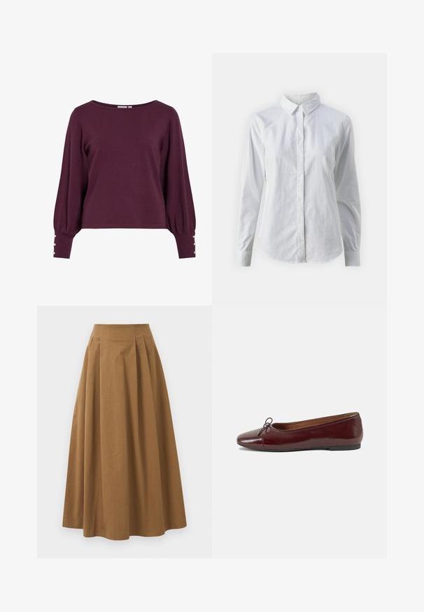Bordeauxrode gebreide trui met een brede halslijn, lange ballonmouwen en knoopaccenten bij de manchetten. Zachte textuur en een ontspannen pasvorm.; Witte overhemd met knopen van glad katoen, met een klassieke kraag, lange mouwen en een afgeronde zoom. De knopen zijn klein en wit.; Bruine katoen A-lijn rok met een hoge taille, voorzien van plooien aan de voorkant en een gladde textuur. De zoomafwerking is schoon en eenvoudig.; Bordeaux gepatenteerd lederen ballerina met een ronde neus, een klein strikaccent aan de voorkant en een lage, zwarte rubberen zool. Glad textuur.