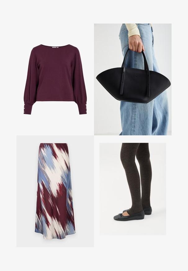 Burgundia punane kootud kampsun laia kaelusega, pikkade balloonvarrukate ja nööpdega mansettidel. Pehme tekstuur ja lõdvestunud lõige.; Pikad seelik, millel on diagonaalne tie-dye muster burgundia, sinise ja kreemja värviga, valmistatud pehmest kangast, omades voolavat siluetti ja kerget sära.; Mustad mustad kingad väikese teksaga varvaste juures, koos tumedate pruunide ribakangastega. Kingadel on sile tekstuur ja madal profiil.; Must mustra kott, millel on unikaalne fännikujuline disain, millel on lapikud käepidemed. Pinna tekstuur on kivikujuline ja disain on minimalistlik.