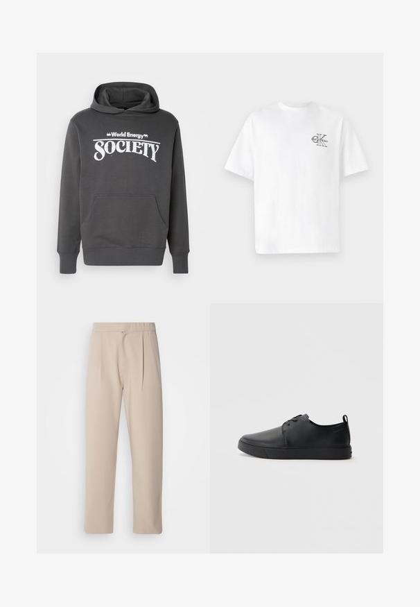 Gray hoodie made of soft material featuring a front pocket, ribbed cuffs, and "World Energy Society" printed in white text on the chest.; White cotton t-shirt with short sleeves, crew neck, featuring a black CK logo on the left chest area, standard fit, smooth texture.; Beige, pleated trousers made of soft fabric. Features an elastic waistband, straight legs, and a smooth texture. No pockets or accents.; Black leather sneaker with a smooth finish, rounded toe, tonal stitching, lace-up front, and a flat rubber sole. Loop at the heel.