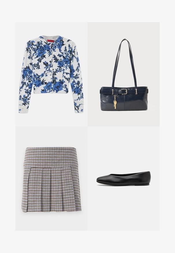 Light gray buttoned cardigan with long sleeves featuring a blue and black floral pattern and ribbed cuffs.; Pleated skirt in a brown, beige, and blue check pattern. Made of a textured fabric with a fitted waistband and decorative pleats.; Paul Smith TOPANGA - Ballet pumps - black; Navy leather handbag with two long handles, a buckle detail, and a keychain attached. Features a smooth texture and a rectangular shape.