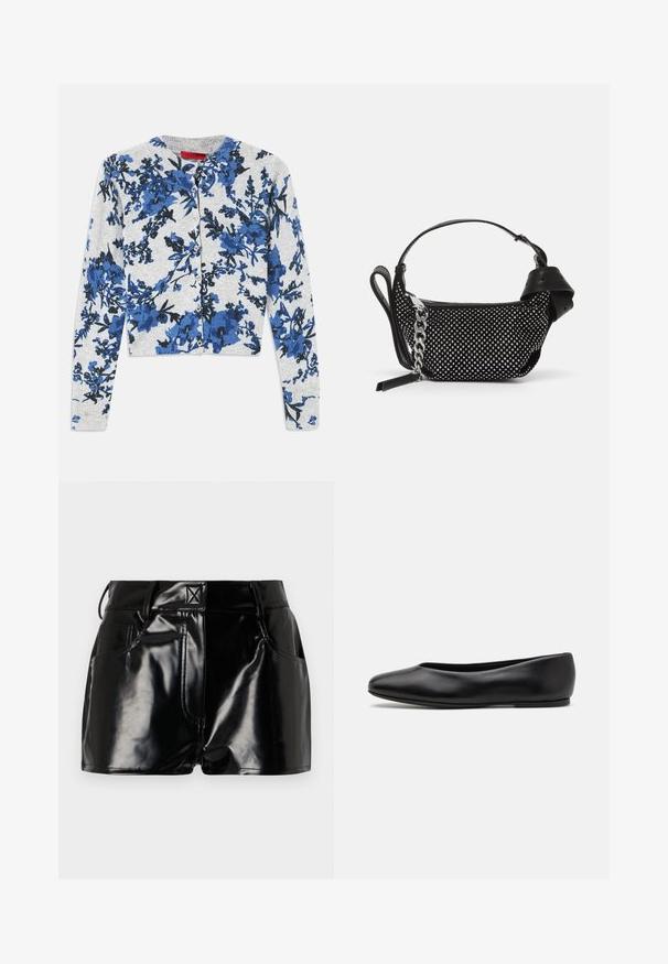 Cárdigan abotonado gris claro con mangas largas, que presenta un patrón floral en azul y negro y puños acanalados.; Shorts negros y brillantes de material sintético. Presentan una cintura ajustada, trabillas para el cinturón y bolsillos frontales con detalles de costura prominentes.; Paul Smith TOPANGA - Bailarinas - black; Bolso de mano negro con adornos de tachuelas, una correa de cadena y un asa de cuero suave, con forma redondeada y compartimento con cremallera.