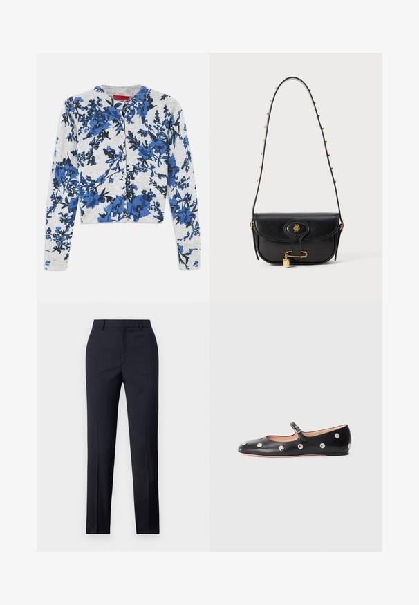 Jasnoszary kardigan zapinany na guziki z długimi rękawami, ozdobiony niebiesko-czarnym wzorem kwiatowym oraz ściągaczami przy mankietach.; Granatowe spodnie dopasowane o prostym kroju, o gładkiej fakturze, z dwoma przednimi kieszeniami i czystym pasem.; Czarne skórzane buty typu Mary Jane na płaskim obcasie z zaokrąglonym czubkiem, ozdobione srebrnymi okrągłymi ćwiekami oraz regulowanym paskiem z klamrą.; Czarna skórzana torebka o stukturalnym designie, z złotym logo, akcentem w postaci kłódki oraz ramieniem ozdobionym łańcuchem.