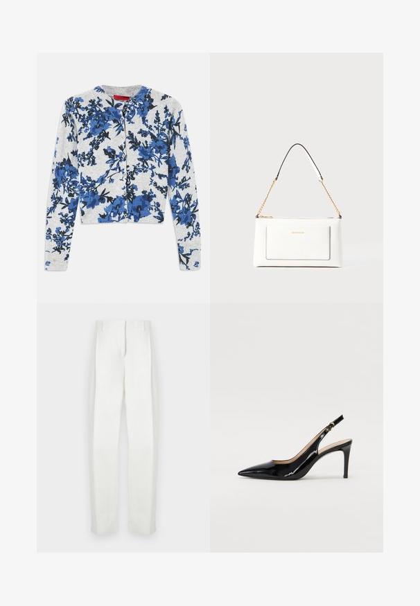 Cardigan butonat de culoare gri deschis, cu mâneci lungi, având un model floral albastru și negru și manșete cu nervuri.; Paul Smith Pantaloni - white; Pantofi slingback din piele patent neagră, cu vârful ascuțit, tocul subțire și un design discret cu decupaj. Se evidențiază printr-un cataramă aurie pe curea.; Geantă de mână din piele albă cu un finisaj texturat, având o curea din lanț aurie și accente negre. Include un buzunar frontal și închidere cu fermoar.