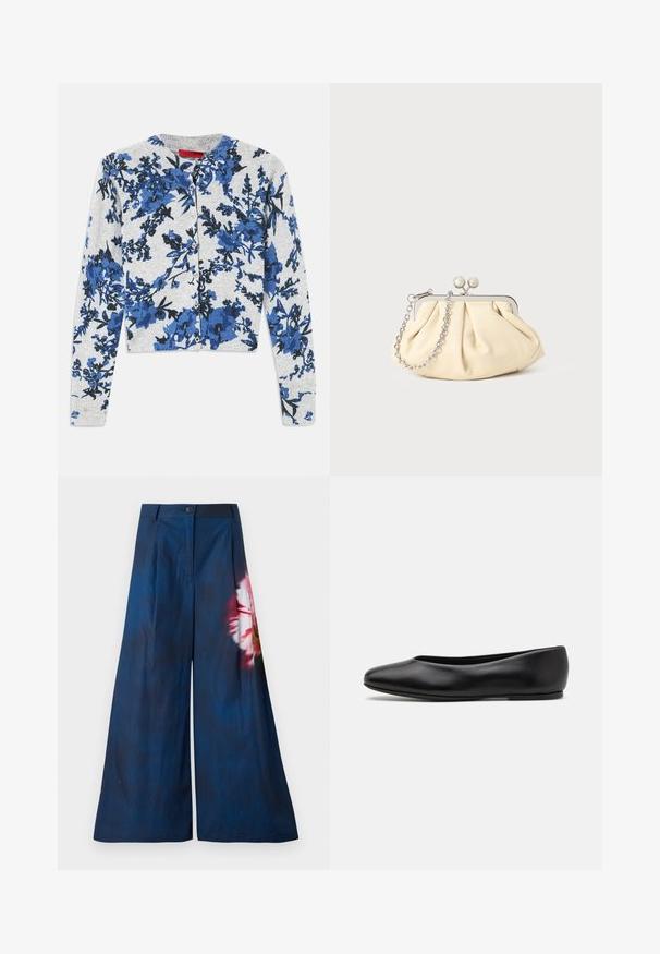 Cardigan boutonné gris clair à manches longues avec un motif floral bleu et noir et des poignets côtelés.; Pantalons larges en tissu navy foncé, avec un motif floral rose et jaune d'un côté, et une fermeture à bouton à la taille.; Paul Smith TOPANGA - Ballerines - black; Pochette en cuir beige plissé avec un cadre en métal argenté, dotée de deux fermoirs ronds décoratifs et d'une chaîne en argent.
