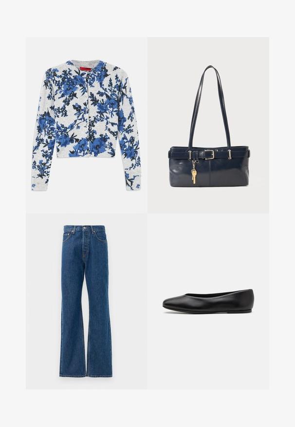 Hellgraue, geknöpfte Strickjacke mit langen Ärmeln, die ein blaues und schwarzes Blumenmuster sowie gerippte Bündchen aufweist.; Blaue, ausgestellte Jeans aus Denim mit hoher Taille, fünf Taschen, silbernem Knopfverschluss und sichtbaren Nähten.; Paul Smith TOPANGA - Klassischer Ballerina - black; Marineblaue Lederhandtasche mit zwei langen Griffen, einer Schnallen-Detailierung und einem daran befestigten Schlüsselanhänger. Besitzt eine glatte Textur und eine rechteckige Form.
