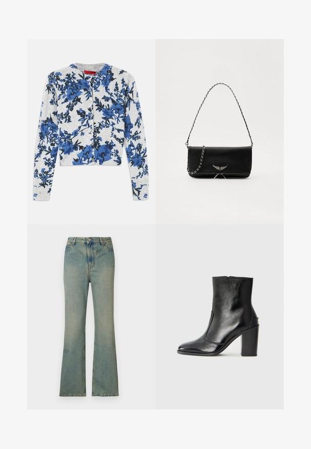 Világosszürke, gombos kardigán hosszú ujjal, kék és fekete virágmintával és bordázott mandzsettákkal.; Világoskék farmer széles szárú nadrág magas derékkal, öt zsebbel és cipzáras záródással. Tiszta, fakó megjelenés, finom varrási részletekkel.; Fekete bőr bokacipő sima textúrával, hegyes orral és vastag, magas sarkával. Oldalnyílással és minimalista dizájnnal rendelkezik.; Fekete bőrtáska ezüstlánc pánttal, díszes szárnyakkal és fehér varrással az alsó varrat mentén.