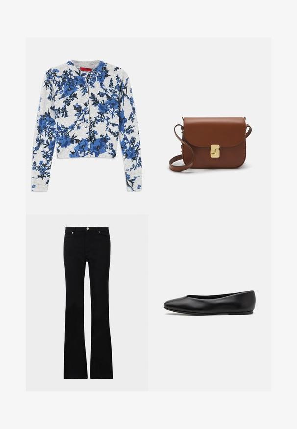 Light gray buttoned cardigan with long sleeves featuring a blue and black floral pattern and ribbed cuffs.; Black flared jeans made of denim, featuring two front pockets, a button closure, and a smooth texture. Signature stitching visible at seams.; Paul Smith TOPANGA - Ballet pumps - black; Brown leather handbag with a flap closure, gold-tone hardware, a shoulder strap, and a smooth texture. Compact rectangular shape.