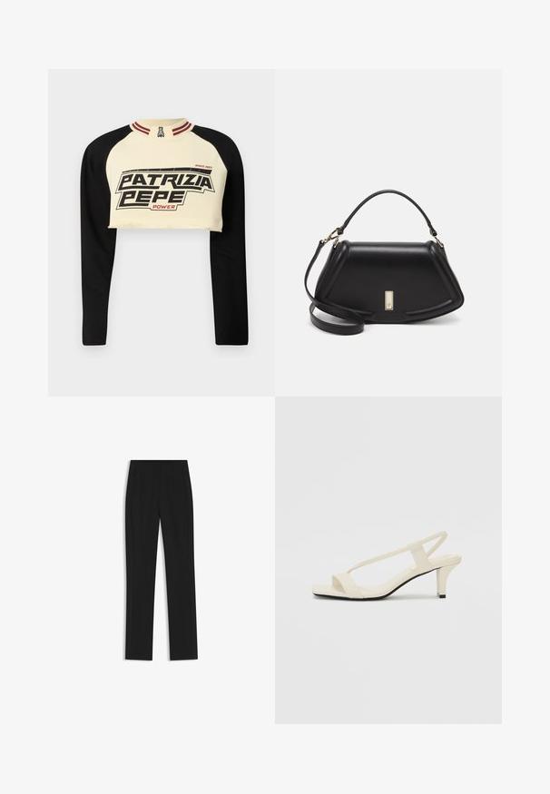 Gekürzter Sweatshirt in Creme und Schwarz mit langen Ärmeln. Besitzt einen auffälligen Grafikdruck "PATRIZIA PEPE POWER" und einen gestreiften Kragen.; Schwarze maßgeschneiderte Hose mit geradem Bein, ausgestattet mit Fronttaschen und einem glatten, strukturierten Stoff. Saubere, minimale Details.; Beige Blockabsatzsandalen mit dünnen Riemen und quadrater Spitze. Glattes Material mit minimalem Design, entworfen für einfaches Tragen.; Schwarze Lederhandtasche mit einem strukturierten Design, das eine verkürzte Form, einen oberen Griff und goldfarbene Hardware-Details aufweist. Verstellbarer Schulterriemen ist enthalten.