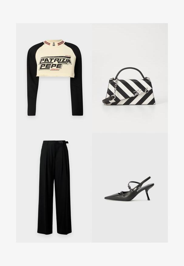 Kuttet sweatshirt i krem og svart med lange ermer. Har et iøynefallende grafisk trykk "PATRIZIA PEPE POWER" og stripete kragedetalj.; Svarte vide bukser med høy livlinje, folder foran og belte med spenne. Laget av glatt, lett materiale.; Sorte skinn slingback-hæler med spiss tå, slank hæl og dekorativ spenne detalj på vampsiden. Glatt tekstur og stilrent design.; Svart- og hvitstripet håndveske med en strukturert form, som har et topphåndtak, en avtakbar kjedestropp, og metallisk logo-akcent.