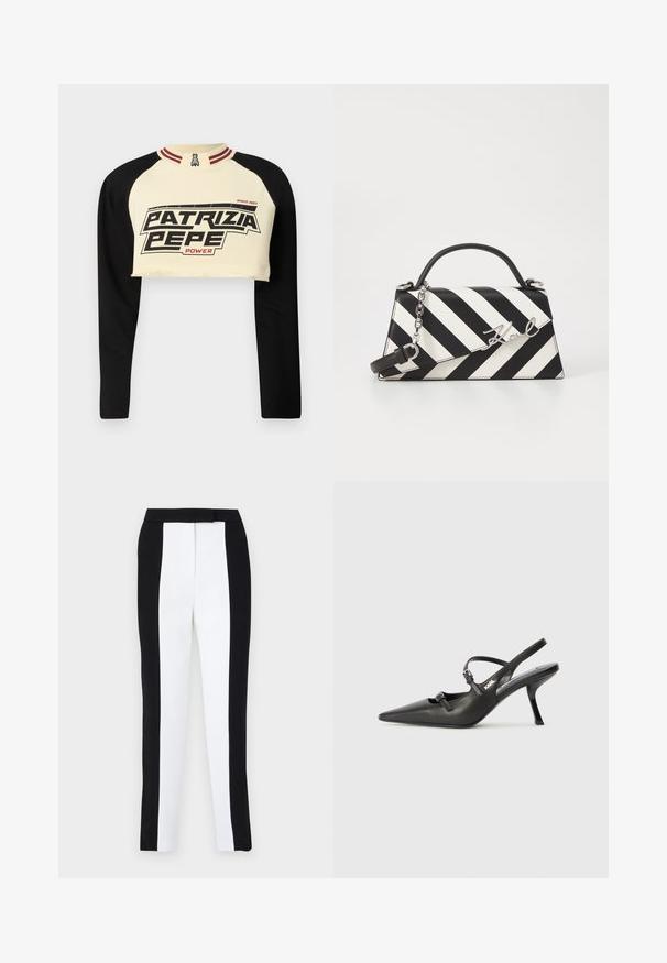 Zkrácená mikina v krémové a černé barvě s dlouhými rukávy. Obsahuje výrazný grafický potisk "PATRIZIA PEPE POWER" a pruhovaný detail límce.; Černé a bílé zúžené kalhoty v slim fit střihu s kontrastními panely. Materiál má hladkou texturu; pas je plochý a upnutý.; Černé kožené lodičky na boku s špičatou špičkou, štíhlým podpatkem a dekorativní přezkou na nártu. Hladká textura a elegantní design.; Černo-bílá pruhovaná kabelka se strukturovaným tvarem, vybavená horní rukojetí, odnímatelným řetízkem a kovovým logem.
