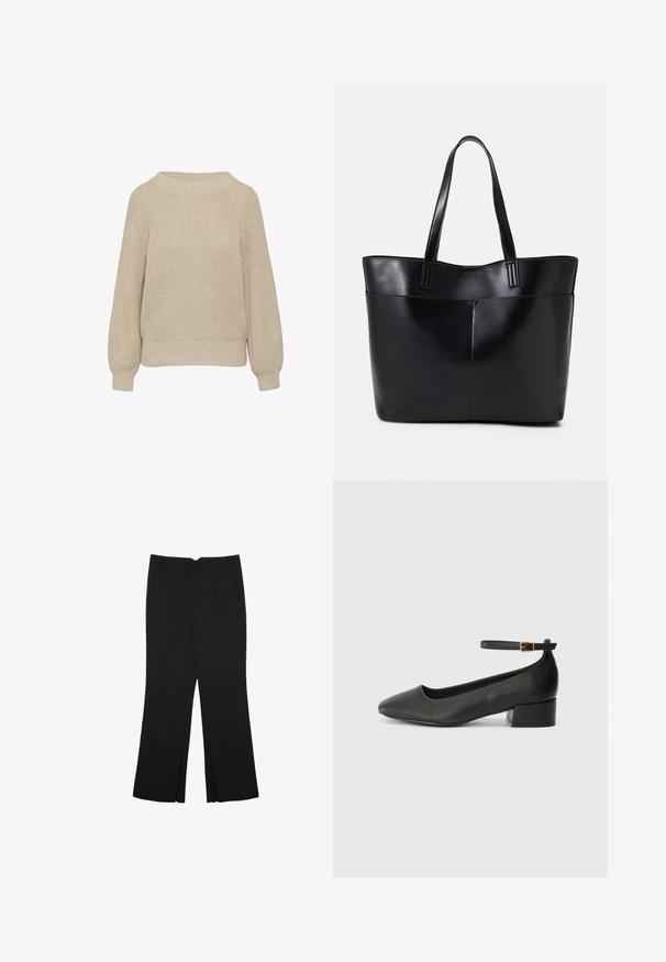 Beige Strickpullover mit Rundhalsausschnitt, langen Ärmeln und gerippten Bündchen. Verfügt über ein strukturiertes Muster und eine lockere Passform.; Schwarze Hose mit geradem Schnitt, ausgestattet mit Fronttaschen und Seitenschlitzen am Saum. Hergestellt aus weichem, glattem Stoff. Geeignet für verschiedene Anlässe.; Schwarze Lederpumps mit spitzem Zehenbereich und niedrigem Blockabsatz. Mit einem Knöchelriemen und einer goldfarbenen Schnalle. Glatte Textur.; Schwarze Leder-Shopper-Tasche mit zwei langen Griffen, einer glatten Textur und einer strukturierten Form. Verfügt über eine Vordertasche für zusätzlichen Stauraum.