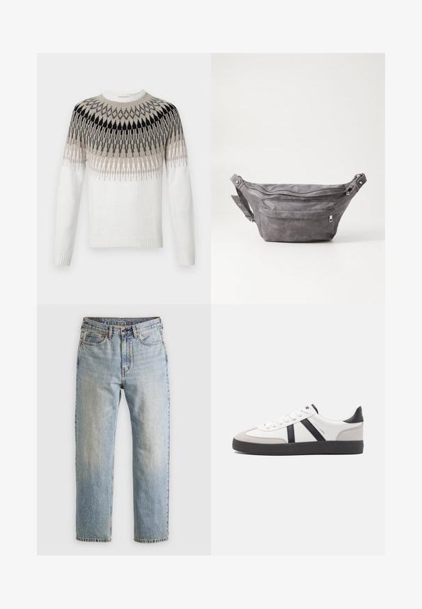 Sweter dziany w kolorze białym z geometrycznym wzorem w odcieniach czerni, szarości i beżu. Posiada okrągły dekolt oraz ściągacze przy mankietach i dolnym brzegu.; Jasnoniebieskie dżinsy z wysokim stanem, z guzikiem z przodu, zamkiem błyskawicznym i pięcioma kieszeniami, ułożone na płasko na neutralnym tle.; Białe sneakersy z czarnymi i szarymi akcentami, z teksturowanym szarym czubkiem, czarną gumową podeszwą i płaskimi białymi sznurowadłami. Czysty design, minimalistyczny styl.; Szara zamszowa saszetka biodrowa o zaokrąglonym kształcie, z dwoma zasuwanymi komorami i regulowanym paskiem. Wyróżnia się metalowymi akcentami.