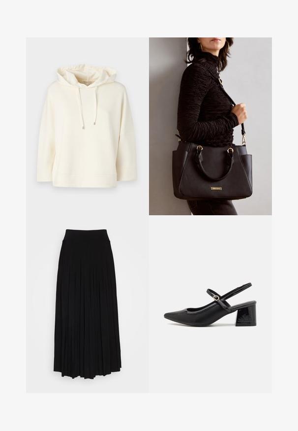 Krämfärgad hoodies med lös passform och vida ärmar. Har en dragsko i huvan och en mjuk, slät textur.; Svart plisserad kjol med högt, elastiskt midjeband. Tillverkad av mjukt tyg, med vertikala plisseringar för en flytande silhuett.; Svarta lackläder slingback-klackar med spetsig tå, en rundad utskärning och en blockklack. Utsmyckad med en spänne i guldton.; Svart handväska med texturerad yta, dubbla handtag upptill och justerbar axelrem. Utrustad med detaljer i guld och sidofickor.