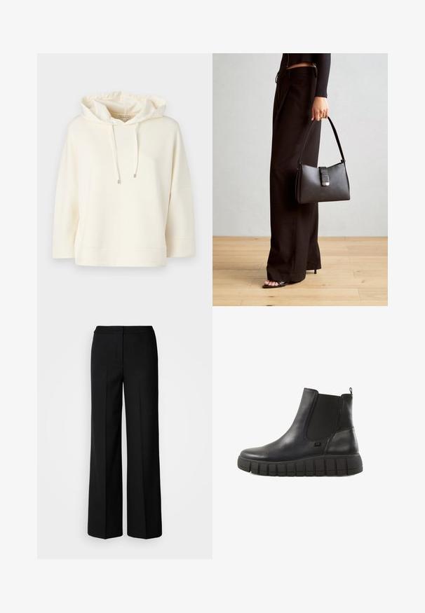 Kreemivärvi kapuutsiga sviiter, millel on lahti lõige ja laiade varrukatega. Omab kapuutsi reguleerimistõmblust ning pehmet, sileda tekstuuri.; Mustad laiad püksid siledast kangast, millel on kõrge vöökoht, kohandatud õmblused ja minimalistlik kujundus. Ei ole nähtavat riistvara ega taskuid.; Mustad mustandad, mis on valmistatud läikivast nahast, elastsetest külgpaneelidest ja paksust tekstuuriga kummist tallast, millel on horisontaalsed sooned.; Must musta kott, millel on struktureeritud kuju, sile tekstuur ja metallist klamber. Kombineeritud laiate mustade pükstega ja avatud varvaste sandaalidega puidust põrandal.